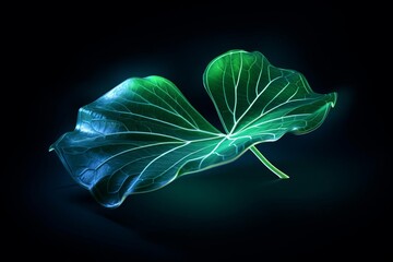 3D conceptual render of a leaf glowing with bioluminescent veins, set against a deep oceanic background
