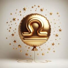 Golden Libra zodiac sign, 3D golden zodiac sign in the form of a balloon surrounded by stars.