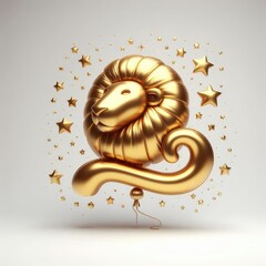 Golden lion zodiac sign, 3D golden zodiac sign in the form of a balloon surrounded by stars.