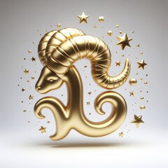 Golden Capricorn zodiac sign, 3D golden zodiac sign in the form of a balloon surrounded by stars.