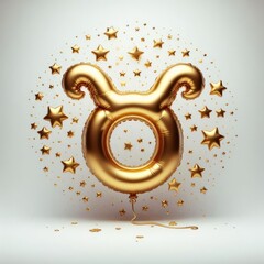 Golden Aries zodiac sign, 3D golden zodiac sign in the form of a balloon surrounded by stars.