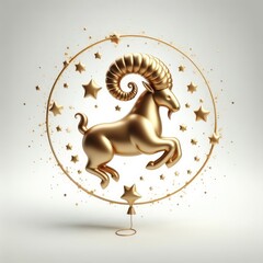 Golden Aries zodiac sign, 3D golden zodiac sign in the form of a balloon surrounded by stars.
