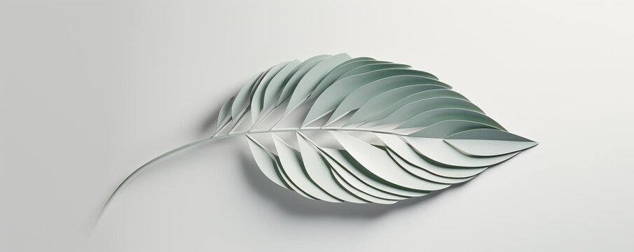 3D leaf designed with a geometric pattern, casting shadows on a simple, light grey background for minimalistic themes