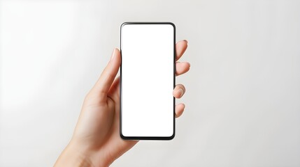 Smartphone mockup. Close up hand holding black phone white screen. Isolated on white background. Mobile phone frameless design concept. ai generated 