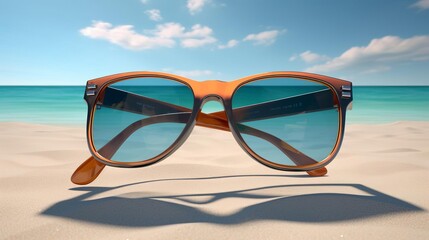 Fototapeta na wymiar Dynamic 3D model of a pair of sunglasses reflecting a beach scene, set against a bright sky, embodying sunny days