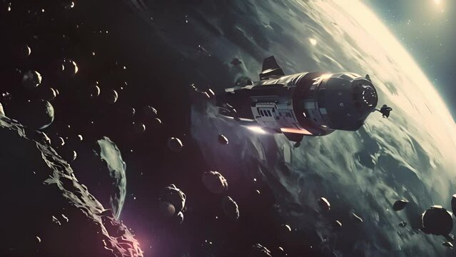 A spacecraft moving among asteroids. The concept of space exploration.