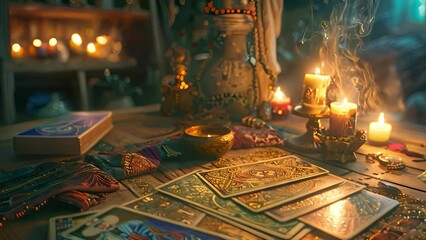 Tarot cards and candles on a table. The concept of mysticism and esotericism.