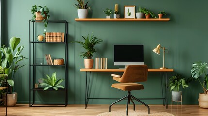 Modern home office with wooden desk and office chair against of green wall with shelf