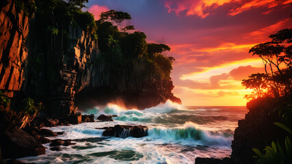 A dramatic coastal cliffside, with waves crashing against rugged rocks and framed by a vibrant...