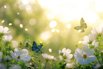 Flowers garden with white blossom Cosmos flowers and blue butterflies in morning light, summer flower theme, spring time theme.