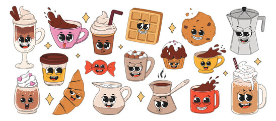 Retro characters set of coffee and desserts. Groovy cartoon stickers or mascots for cafe or cafeteria. Vector illustration.