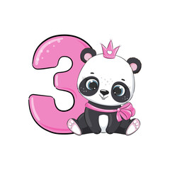 HAPPY birthday card for third birthday with panda. Vector illustration.