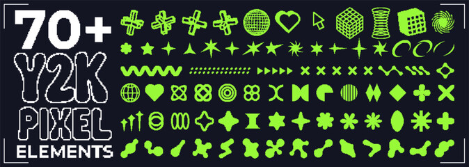 Set of pixelated y2k style shapes with heart, globe. Pixel art abstract figures collection. Retro futuristic elements in 8 bit style