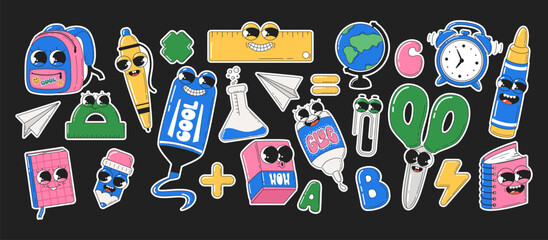 Set of school stickers supplies in groovy style. Retro characters with face in style of 60s 70s. Vector illustration.