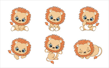 Set of cute baby lion in different poses. Vector illustration.