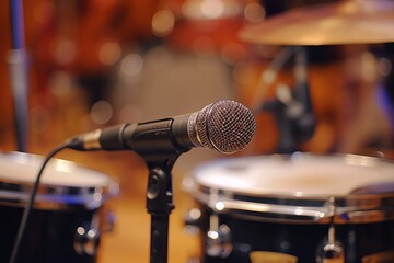 Close-up of a professional microphone placed near the snare drum in a music recording studio setup