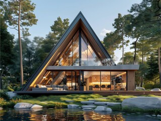 Fototapeta premium Modern triangular house surrounded by trees, featuring large windows and a serene pond, ideal for nature lovers and contemporary architecture enthusiasts.