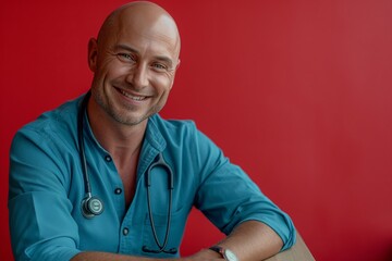 Smiling male doctor in blue scrubs with stethoscope around his neck sitting at a table against a bright red background exuding confidence