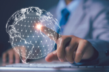 Businessman touch virtual global network connection. Data analytics and business intelligence.