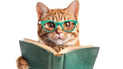 A colored cat in glasses is holding a green open book. White background. Isolated.