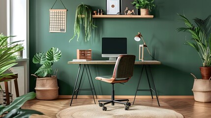 Modern home office with wooden desk and office chair against of green wall with shelf