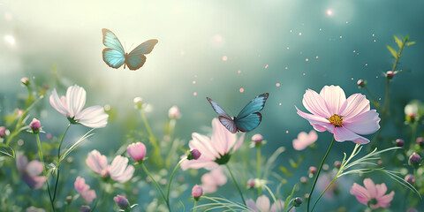 Flowers garden with pink and white blossom Cosmos flowers and blue butterflies in morning light, summer flower theme, spring time theme.