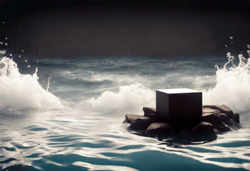 'luxury black dark Stone background sea mockup pedestal template splay water design Product poduim...