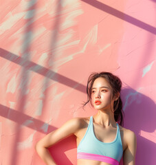 Stylish Asian fitness model radiates confidence in casual workout wear against a serene pastel background.