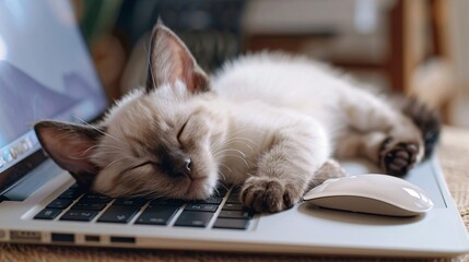 A cat is sleeping on a keyboard - obrazy, fototapety, plakaty