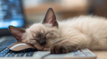 A cat is sleeping on a keyboard - obrazy, fototapety, plakaty