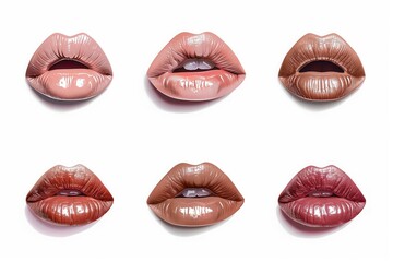Set of mouths with beautiful make-up isolated on white. Red lipstick