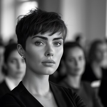 Black and white photo of a woman with short hair that looks cool and fierce. portrait of a person. Generative Ai