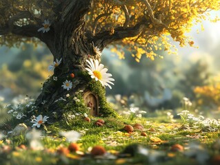 Enchanted Tree with Fairy Door in a Magical Forest
 - obrazy, fototapety, plakaty