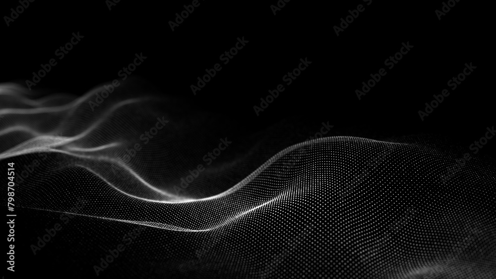 Fototapete Black wave of particles. Big data visualization. Abstract background with a dynamic wave. 3d rendering.