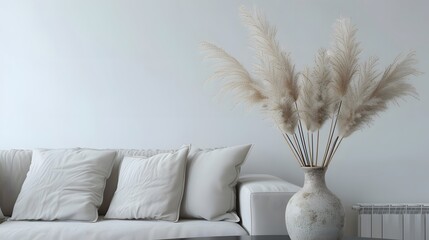 Pampas grass in decorative ceramic vase on table near gray sofa and white wall. Interior design of modern living room.