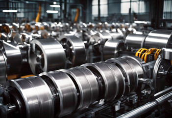 Fototapeta premium 'concept Business factory Interior machine coils Metal steel coil sheet manufacturing production cold industry industrial rolled plant storage iron round metallic stock pattern background circle'