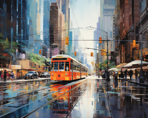 Envision a photorealistic urban vista where vibrant colors and soft edges dance together
