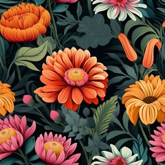 A beautiful floral pattern with orange, yellow, and pink flowers on a dark green background