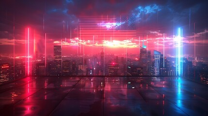 A neon-lit USA flag casting a radiant glow over a cityscape at night, blending patriotic symbolism with a contemporary, energetic aesthetic.