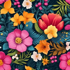 A beautiful floral pattern with pink, yellow, and orange flowers on a dark blue background.