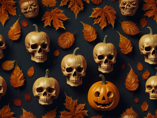 Painted human skull for Mexico's Day of the Dead (El Dia de Muertos, pumpkins and flowers on table. Banner for design