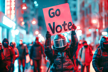The man wearing helmet holds up a voting sign reading 
