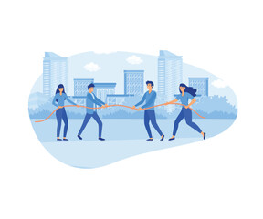 People on business competition. Men and women pulling rope. flat vector modern illustration