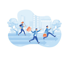 Business competition. Three business persons racing on the arrows. flat vector modern illustration
