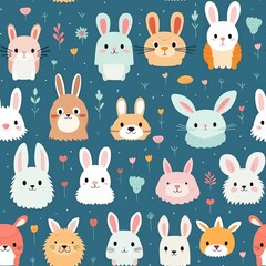 Adorable animal faces in a repeating pattern, featuring kittens, puppies, and bunnies, ideal for children's rooms