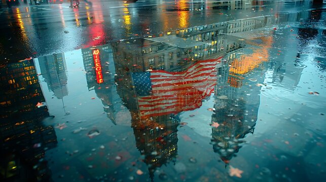A poignant scene with the USA flag reflected on a glassy surface, creating a mirror image that symbolizes introspection and the values of freedom.