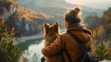 A tourist woman and her best friend dog enjoying the mountain view at a viewpoint in the morning light. - obrazy, fototapety, plakaty