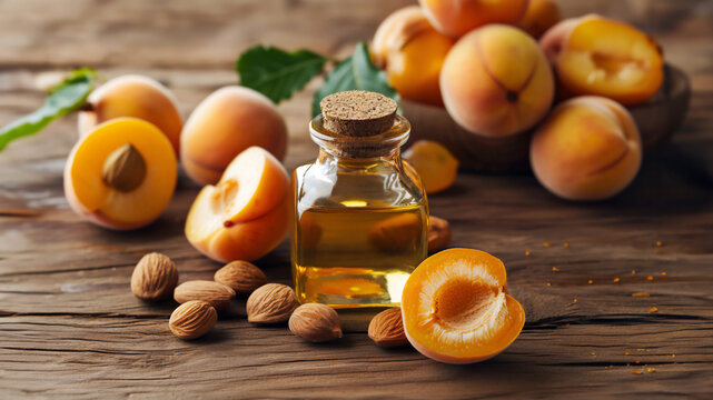 Close up a bottle of apricot kernel oil rests on a wooden surface, accompanied by fresh apricot fruits and scattered kernels. Concept of natural cosmetics ingredients, beauty blogs, health benefits