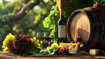 Tasty wine and cheese on wooden barrel on grape plantation background - Powered by Adobe