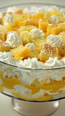 Short glimpses reveal layers of fluffy vanilla bean sponge cake, silky vanilla bean custard, and whipped cream in a classic vanilla bean trifle.